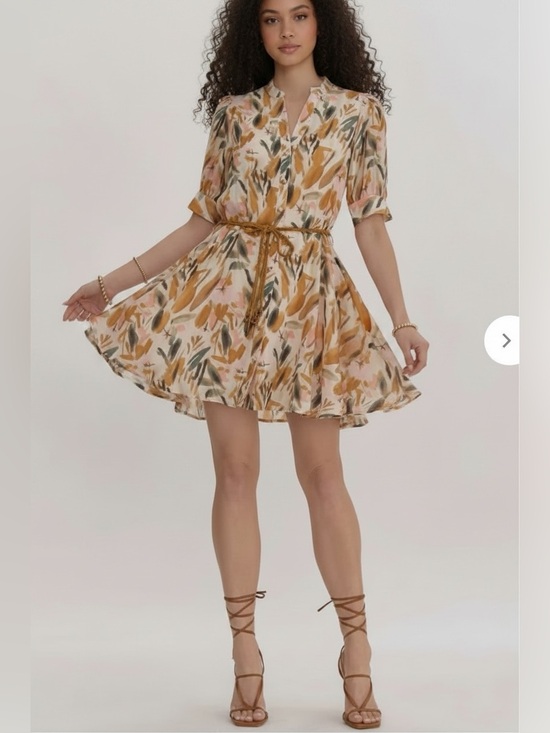 Dresses & Skirts - Floral Tie-Waist Short Dress in Mustard and Pink